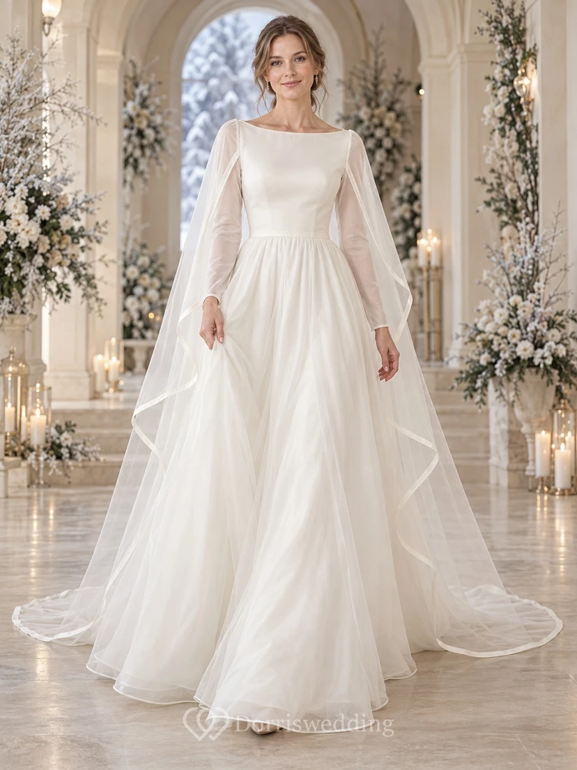 Vestido de novia de invierno de manga larga con escote barco, capa de organza con ribete de cinta y corte en A