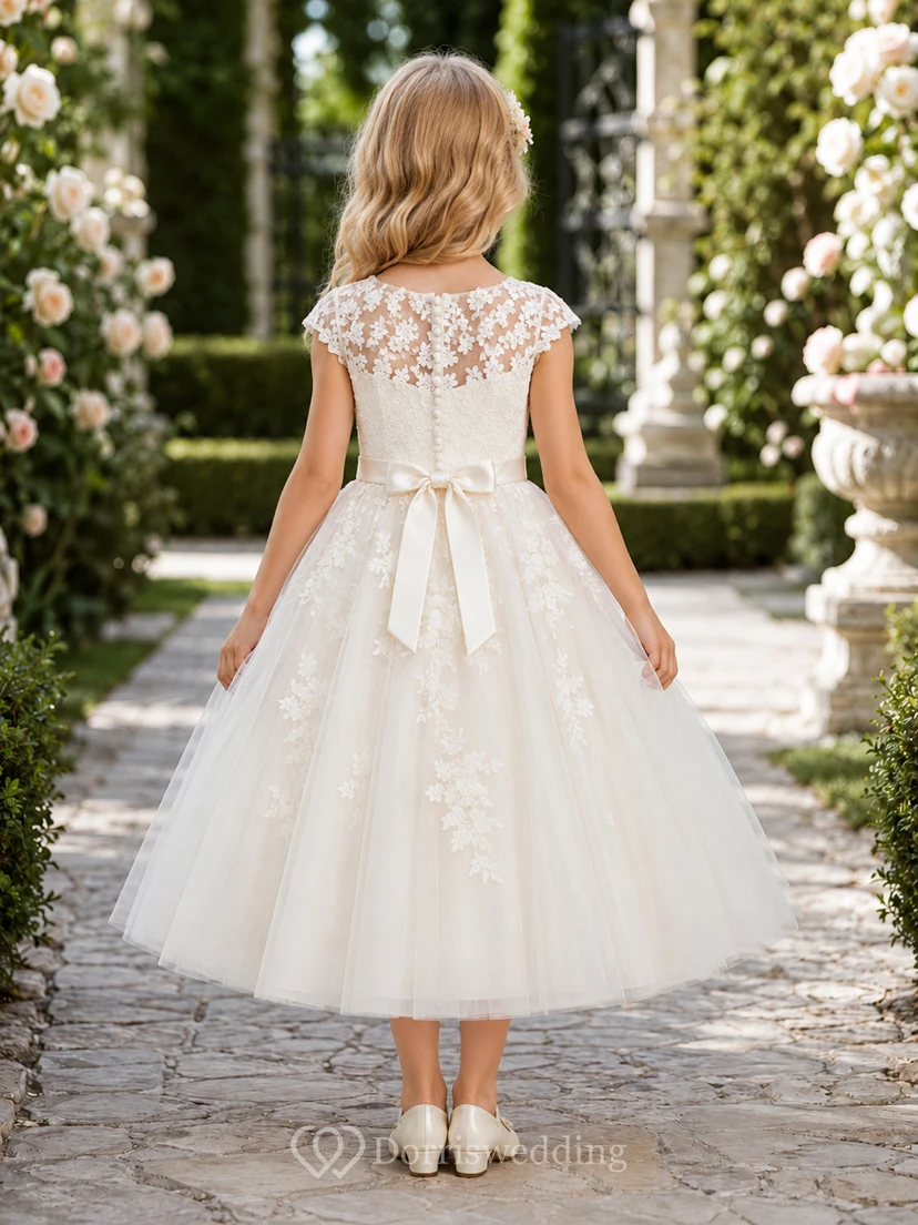 Lace Applique Tulle Flower Girl Dress with Cap Sleeves view 2