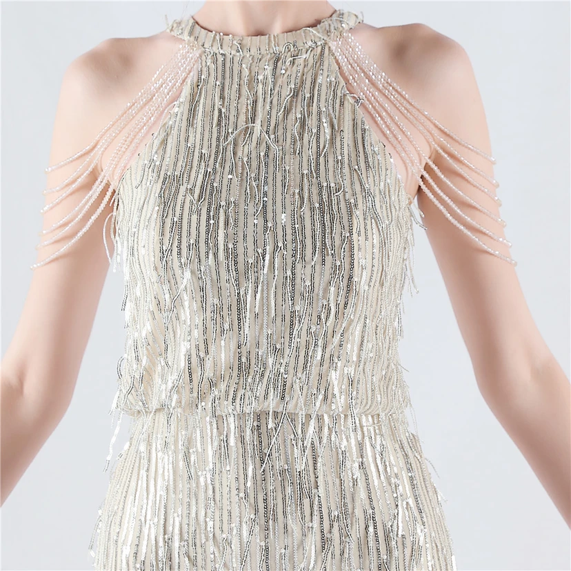 Tassel Sequined Halter Neck Beaded Sexy Hip-Wrapped Nightclub Short Dress view 17