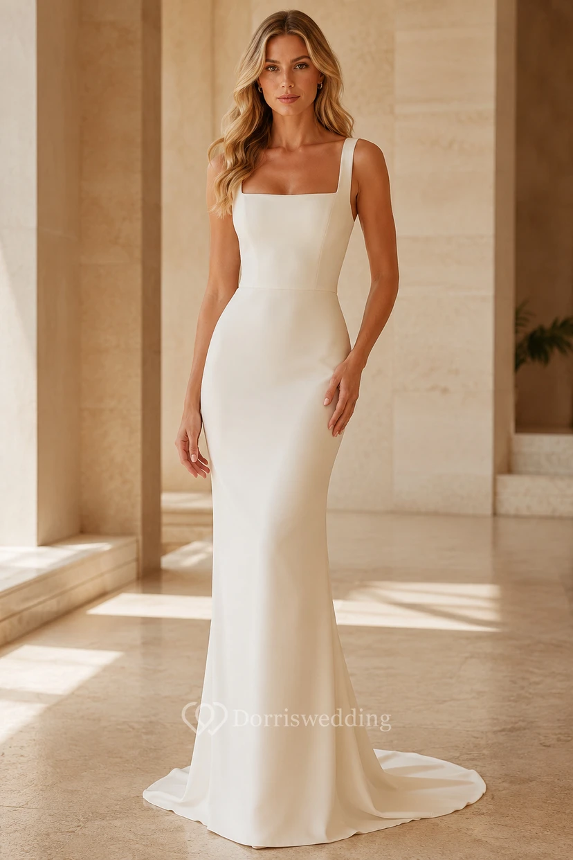 Robe de soirée fourreau en satin ivoire, col carré, sans manches, traîne.