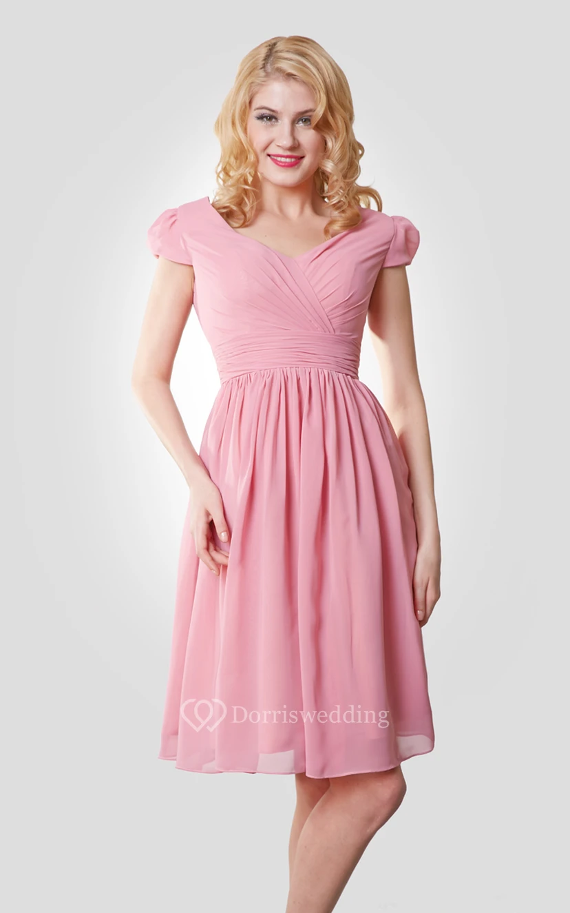 Knee Length A-Line Chiffon Dress With Cap Sleeves and Pleats view 4