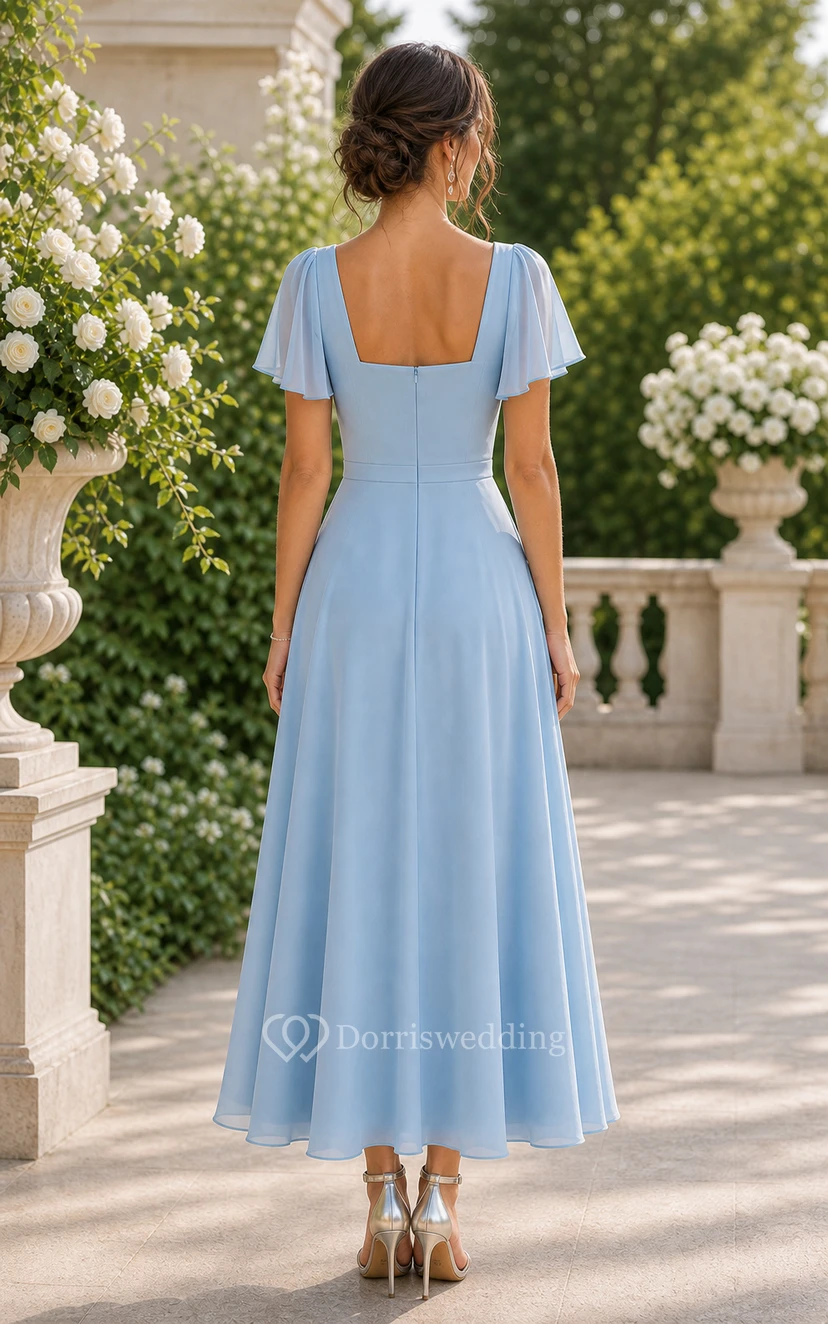Sky Blue Square Neck Chiffon Tea-Length A-Line Dress view 2