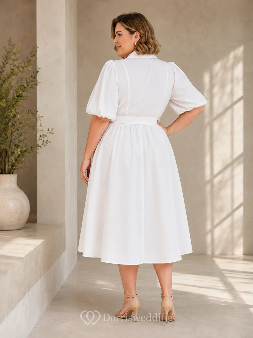 Vestido de cortejo de talla grande, blanco, largo hasta la rodilla, con mangas abullonadas y muescas. view 2