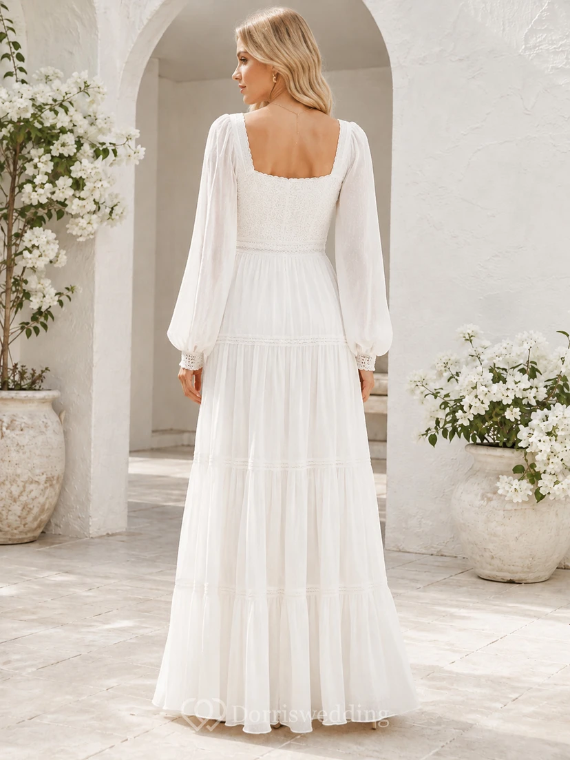 Robe de mariée de cour en mousseline à col carré, manches bouffantes et volants, style sobre, style court. view 2