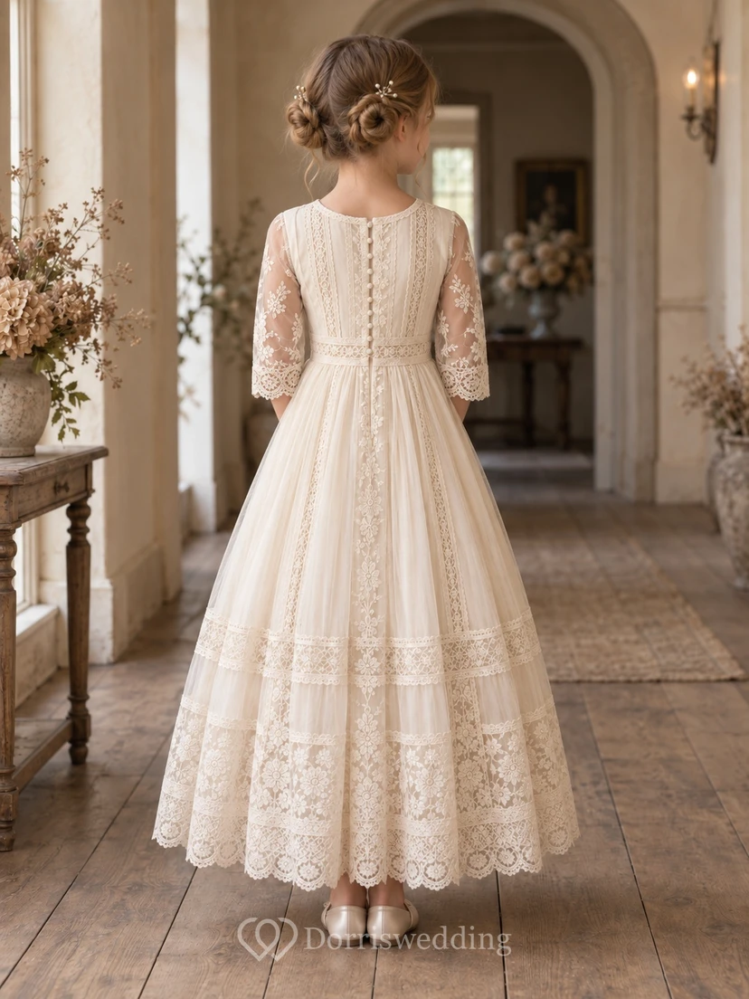 Modest Champagne A-Line Lace Elbow-Sleeve Ankle-length Inset-Panels Banded-Hem Flowergirl Dress view 2