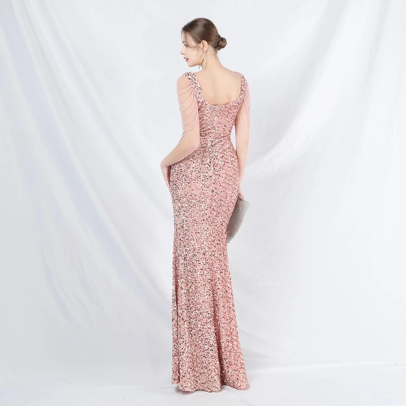 Ladies And Celebrities Formal Occasions Velvet-Bottomed Hand-Beaded Long Evening Dress view 6