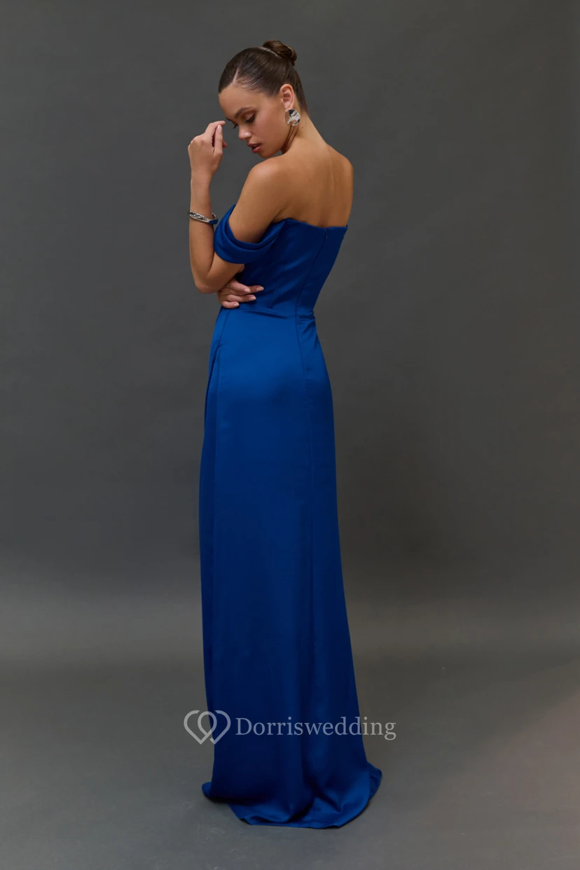 Off-the-shoulder Criss-cross Sheath Split Blue Dress view 4