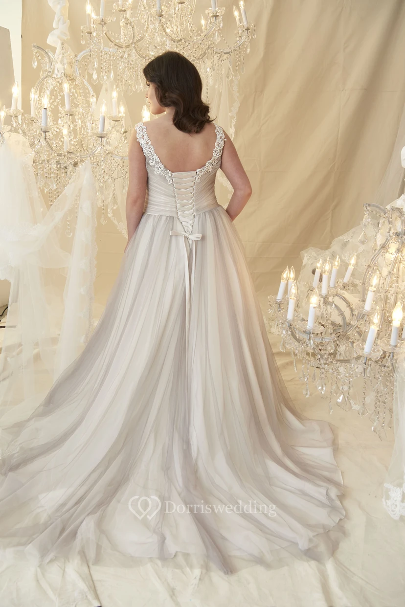 Ball Gown V-Neck Beaded Sleeveless Tulle Plus Size Princess Wedding Dress With Criss Cross And Lace Up view 2