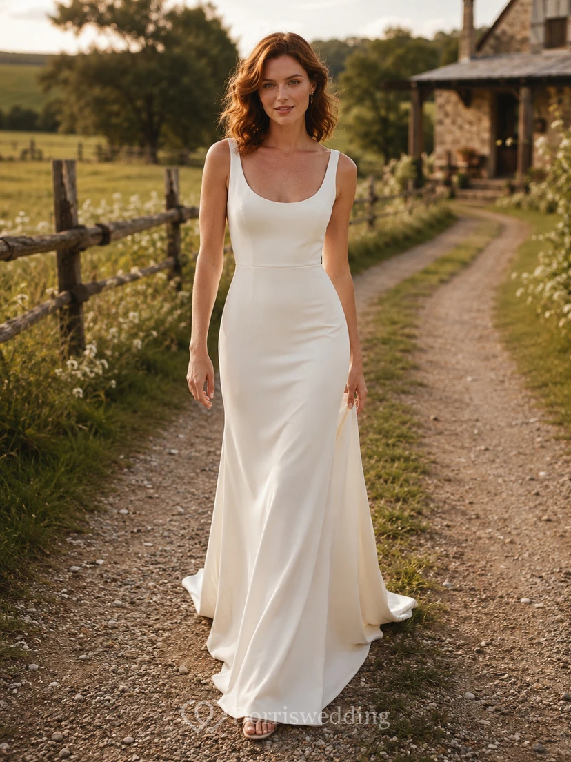 Simple Scoop Neck Sheath Country Elopement Bridal Gown