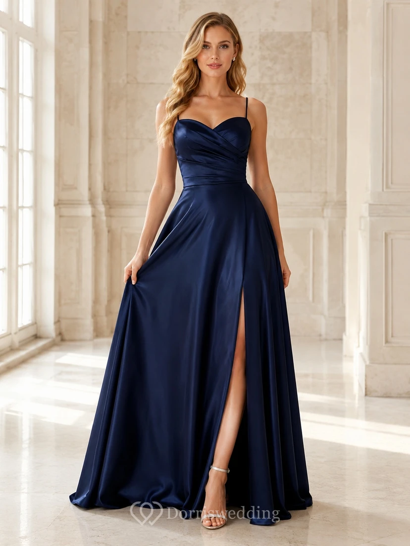 Dark Navy Cowl Neck Satin Spaghetti Strap Split A-Line Formal Maxi Dress