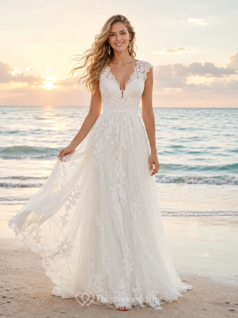 Brautkleid mit kurzen Ärmeln, Strandspitze, A-Linie, Meeresbrise