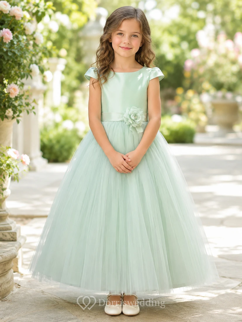 Mint Flutter Sleeve Tulle A-Line Flower Girl Dress with Jewel Neck and Tea-Length Skirt
