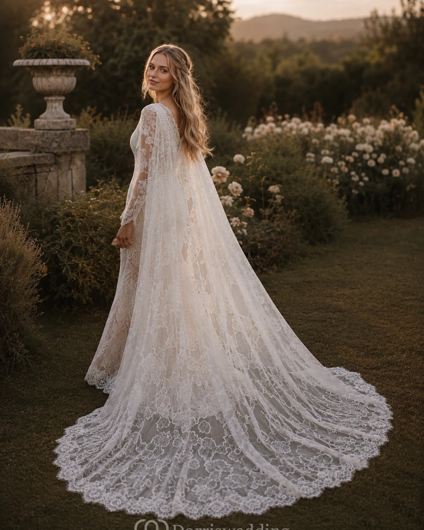 Boho Lace Illusion Flowy Sheath Cape Wedding Dress view 4