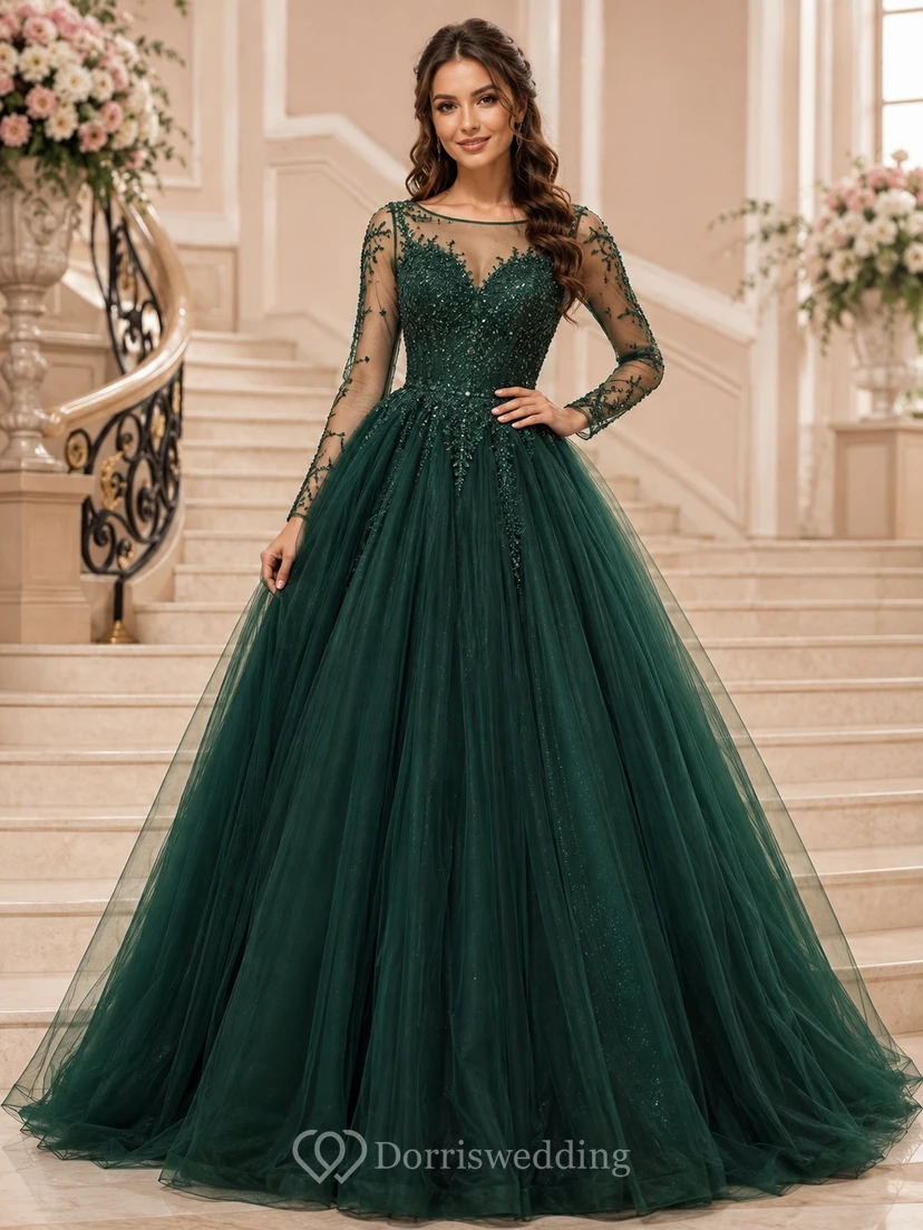 Dark Green Sweetheart Long Illusion Sleeve Tulle Ball Gown Luxury Dress