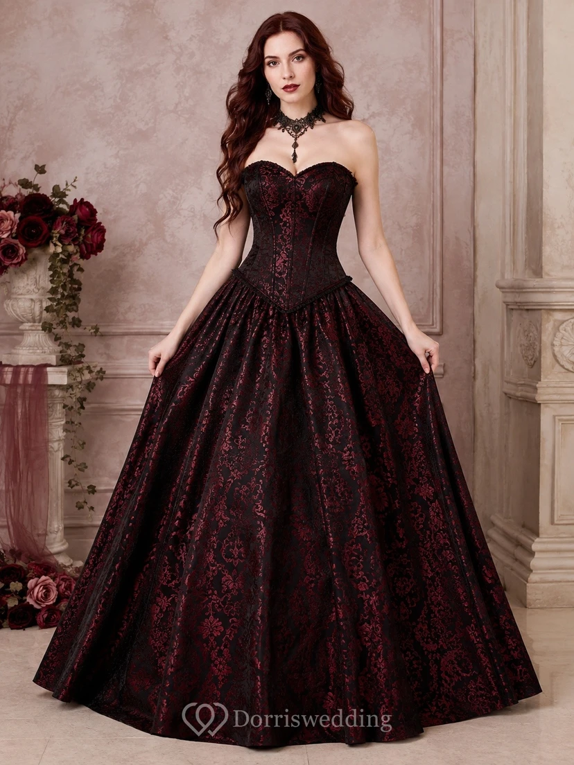 Black Strapless Sweetheart Textured Taffeta Ball Gown Gothic Evening Dress