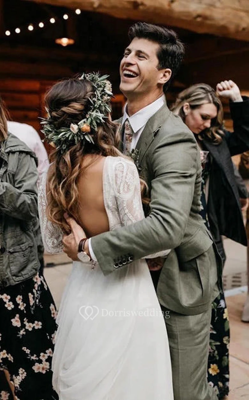 Vestido de novia bohemio de encaje con mangas largas | Vestido de novia blanco vaporoso con mangas view 4