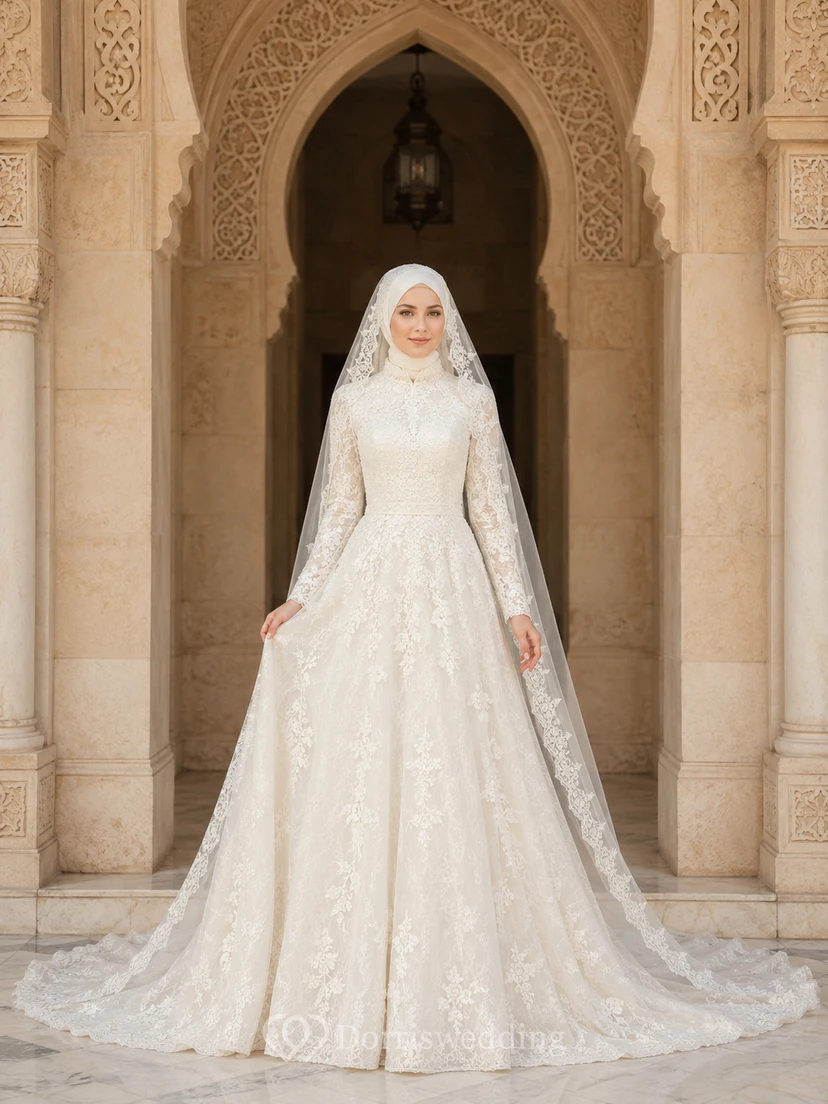 Schlichtes muslimisches Brautkleid mit Spitzenbesatz