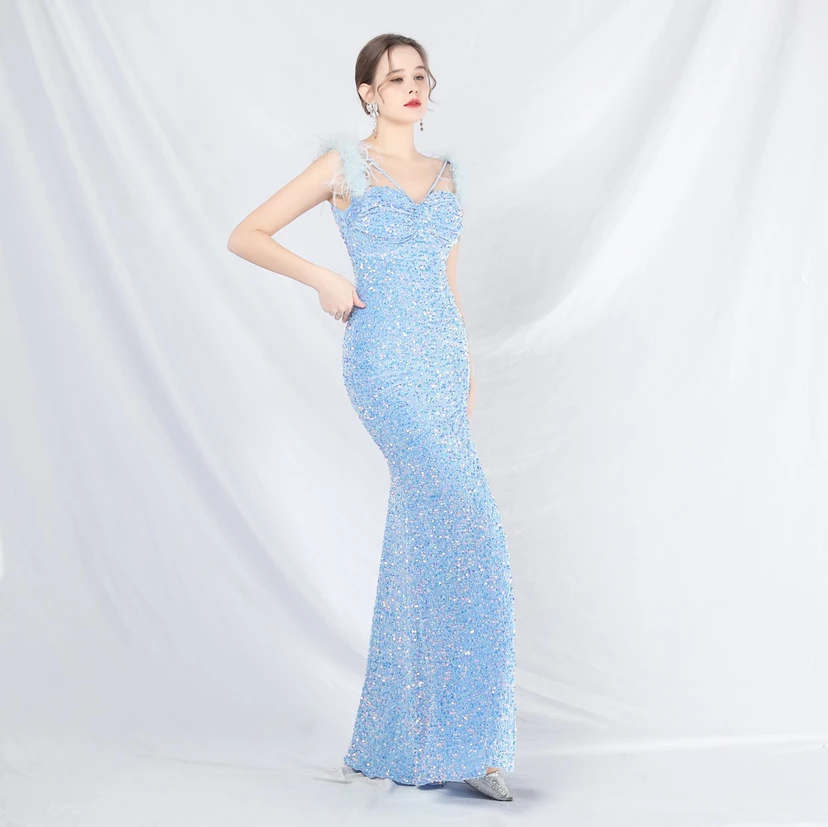 Craft Beaded Ostrich Feather Plush Sequined Long Evening Dress view 4