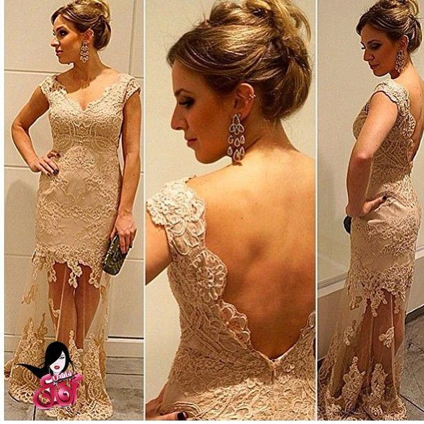 Vestidos de noche formales de encaje dorado con corte en A y mangas cortas Vestidos de gasa para graduación