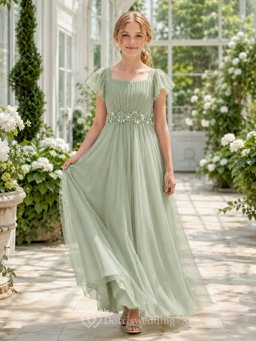 Robe longue fleurie romantique couleur sauge, coupe trapèze, en mousseline, col carré, manches pétales, pour demoiselle d'honneur