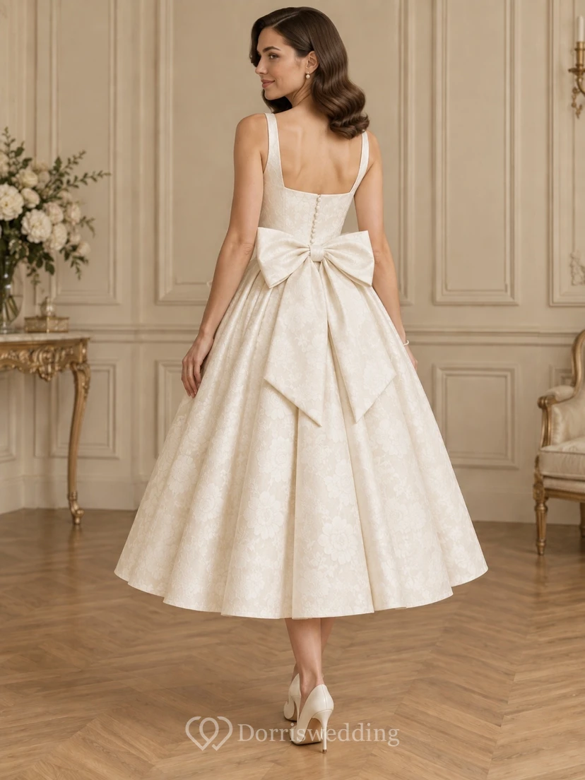 Vintage Teelänge, eckiger Ausschnitt, Schleife am Rücken, Jacquard-A-Linie, schlichtes Cocktail-Hochzeitskleid view 2