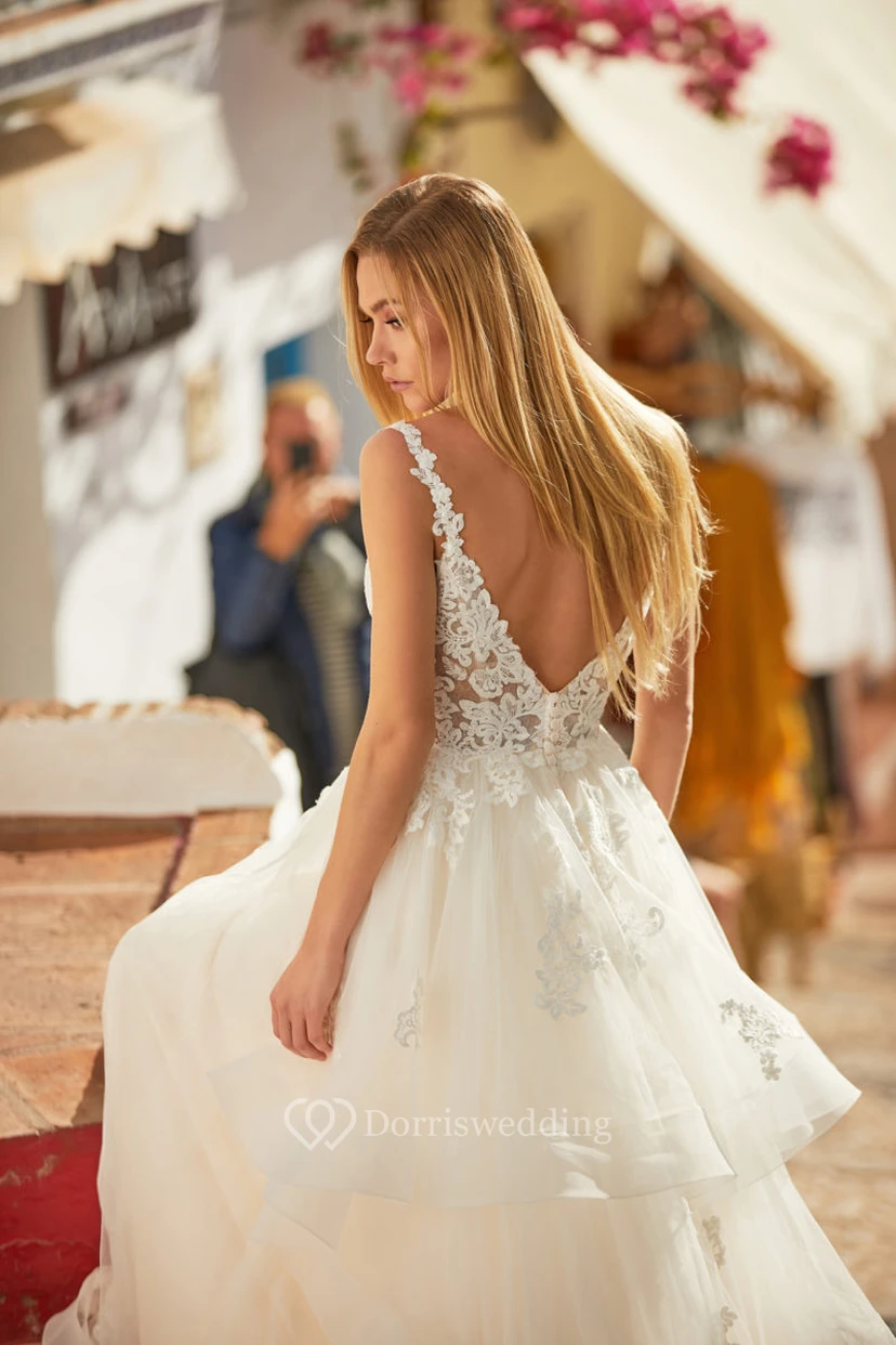 Flowy Sleeveless Lace Empire A-line Tulle Ruffled Wedding Dress view 4