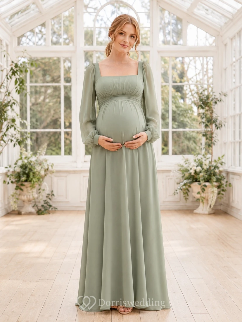 Sage Green Scoop Neck Long Sleeve Empire Maternity A-Line Maxi Dress