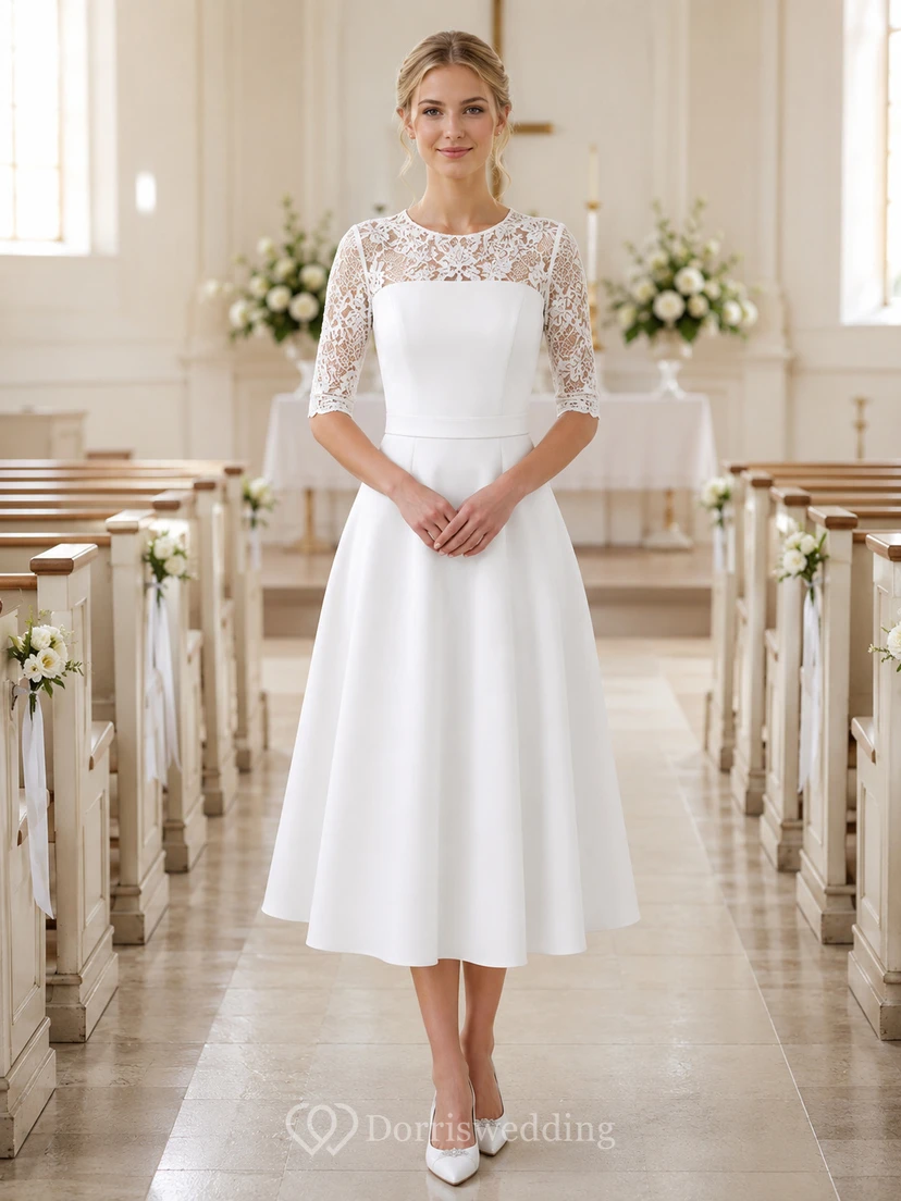 Vestido midi de corte A con mangas de encaje blanco y efecto ilusión para ceremonia de confirmación