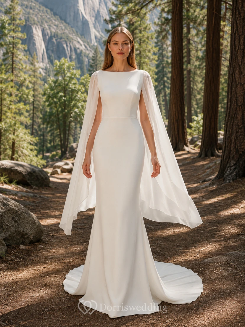 Robe de mariée en satin fourreau à col bateau, manches cape drapées et traîne chapelle, style forêt