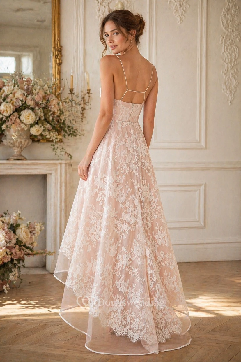 Kurzes, ärmelloses Vintage-Brautkleid mit asymmetrischem Saum und Blumenmuster, A-Linie, hochgeschnitten, mit Spitze und Blumen view 2