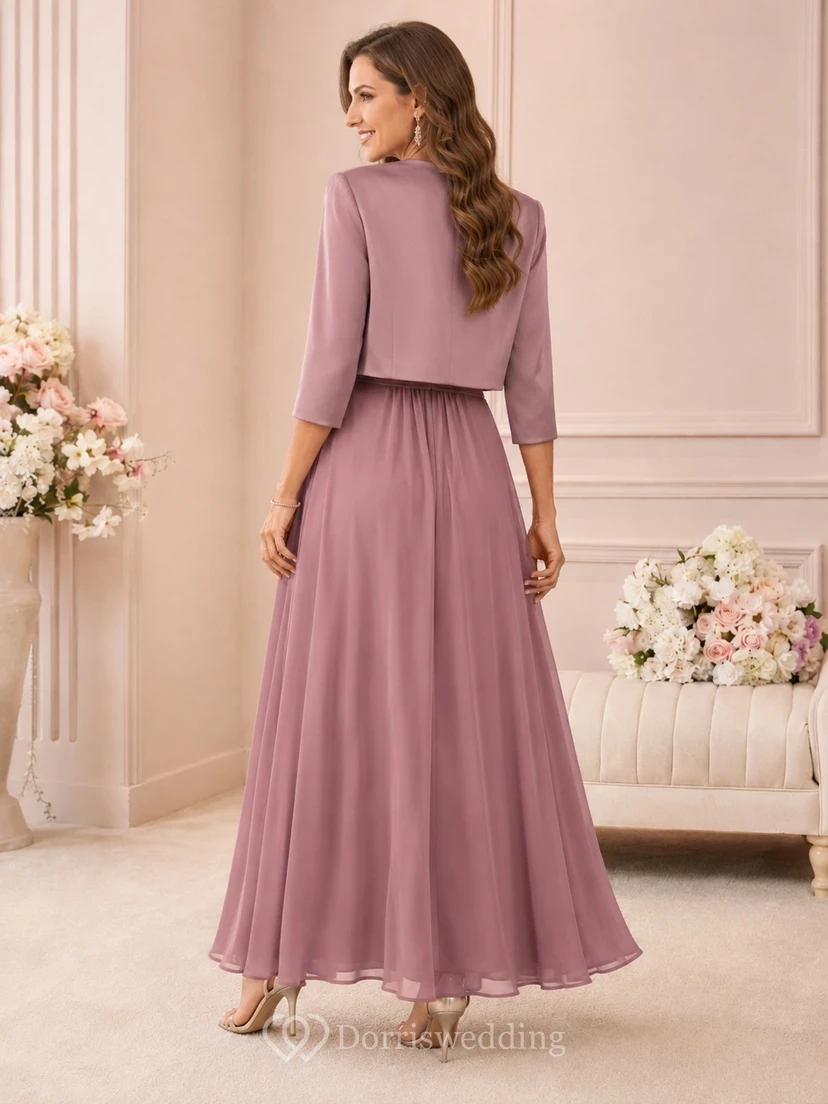 Romantic Vintage Mauve Three-Quarter Sleeve Chiffon A-Line Floor-Length Bolero Gown view 2