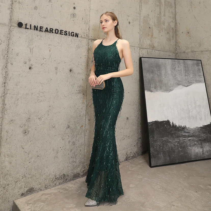 Vestido de noche elegante con borla de hilo de seda de poliéster y lentejuelas estilo cola de pez para banquetes, reuniones y eventos. Ideal para anfitriones. Modelo de coche. Otoño. view 18