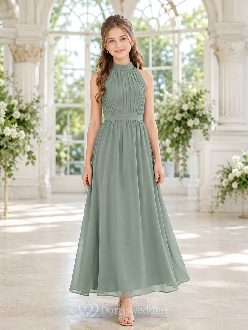 Celadonfarbenes Brautjungfernkleid für junge Damen, A-Linie, hoher Kragen, ärmellos, wadenlang, Chiffon, plissiert, dezent