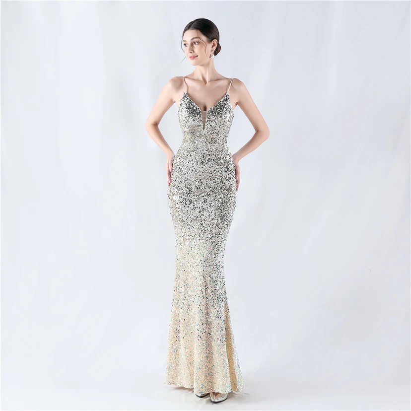 Samtiger, farbverlaufender, perlenbesetzter, sexy Strumpfhalter-Abendkleid view 38