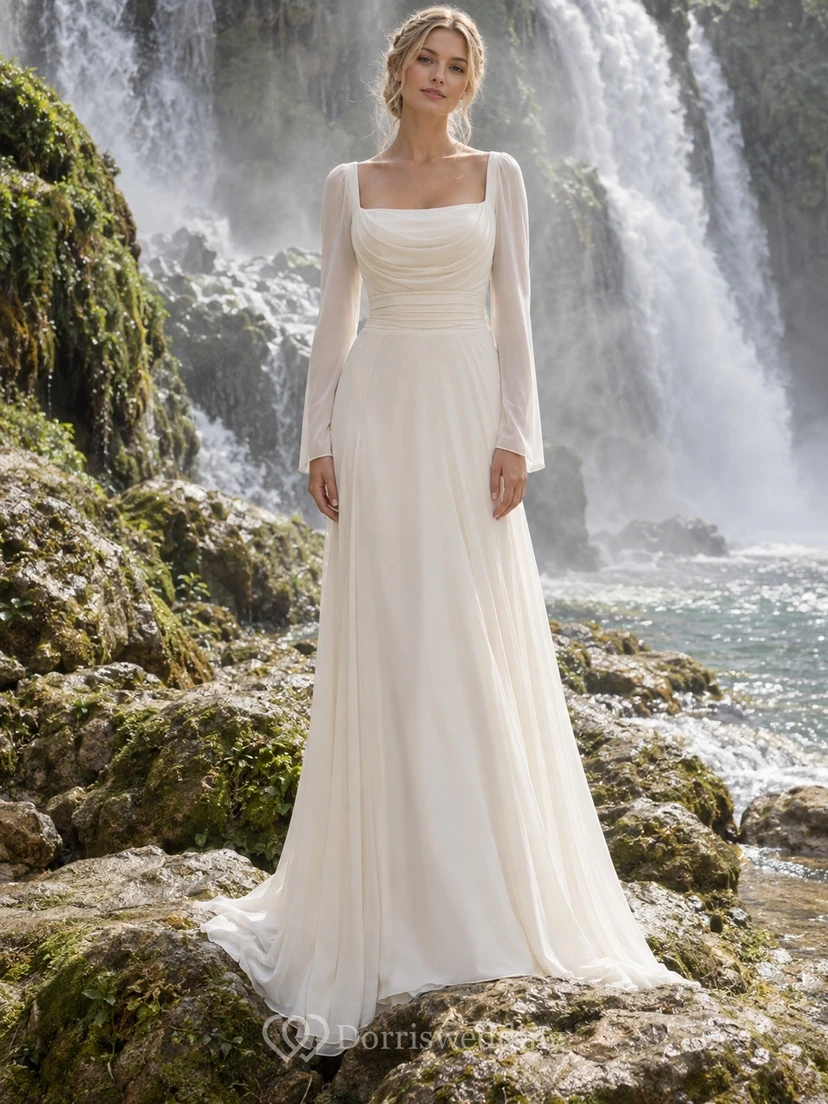 Vestido de novia sencillo de corte A con escote cuadrado, manga larga, corpiño drapeado de gasa