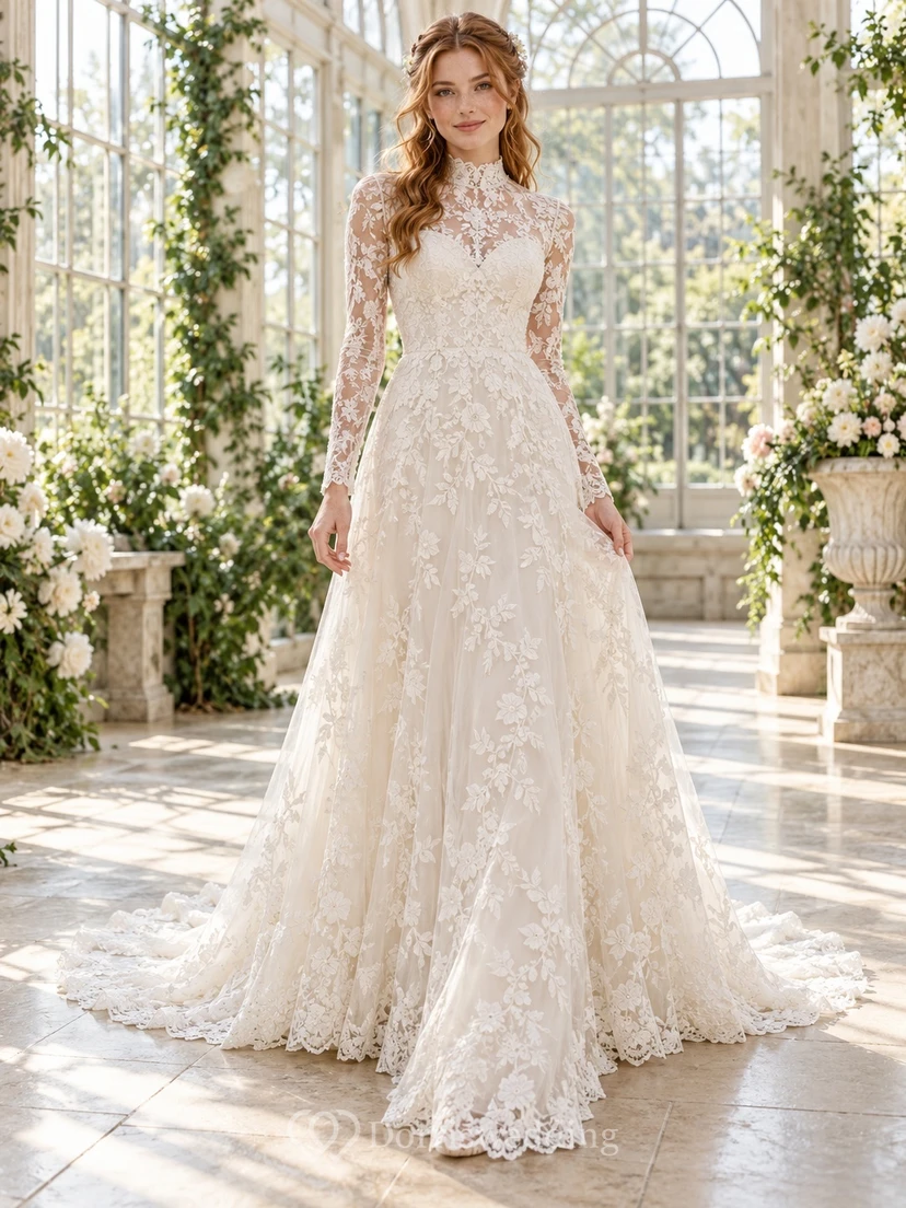 Modest Long Sleeve High Neck Floral Lace A-Line Wedding Dress