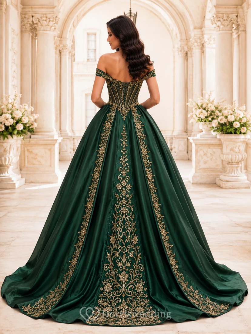 Dark Green Dance Friendly Off Shoulder Gold Embroidered Removable Satin Quinceanera Princess Ball Gown view 2