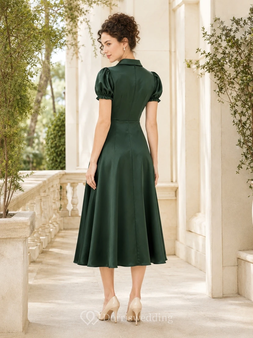 Vintage Dark Green Collared Short Sleeve Tea-length A-line Dress view 2