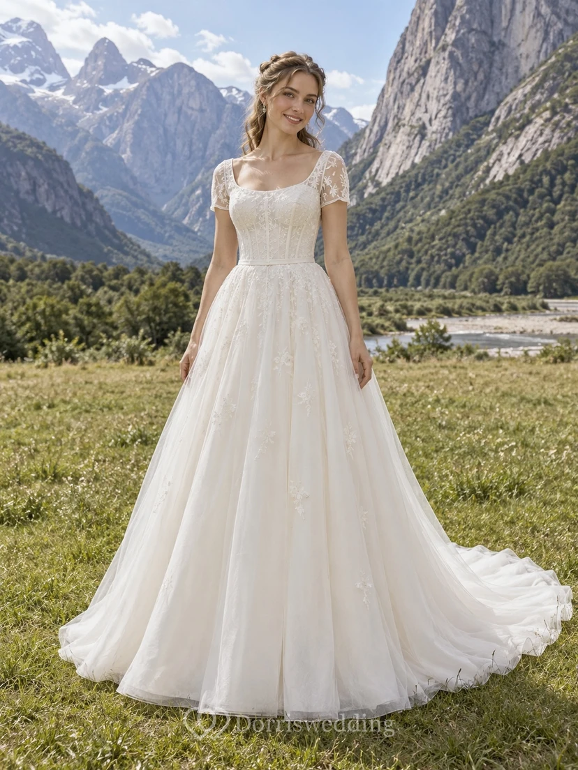 Vestido de novia romántico de corte A con escote redondo en tul, mangas cortas de encaje y apliques florales.