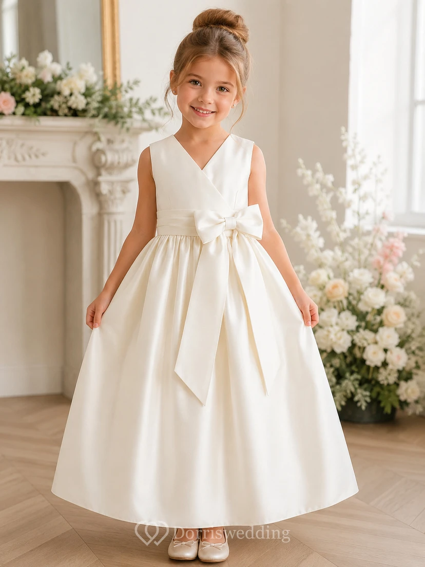 V-Neck Bowed Sleeveless Flower Girl Dress