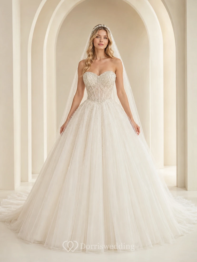 Vestido de novia de gala con cola larga y falda de tul para ceremonia nupcial