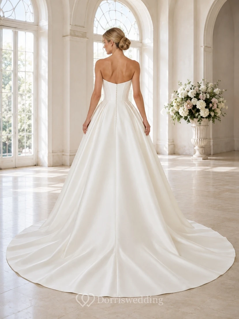 Vestido de novia sencillo, largo hasta el suelo, sin mangas, formal, con escote corazón y corte en A. view 2