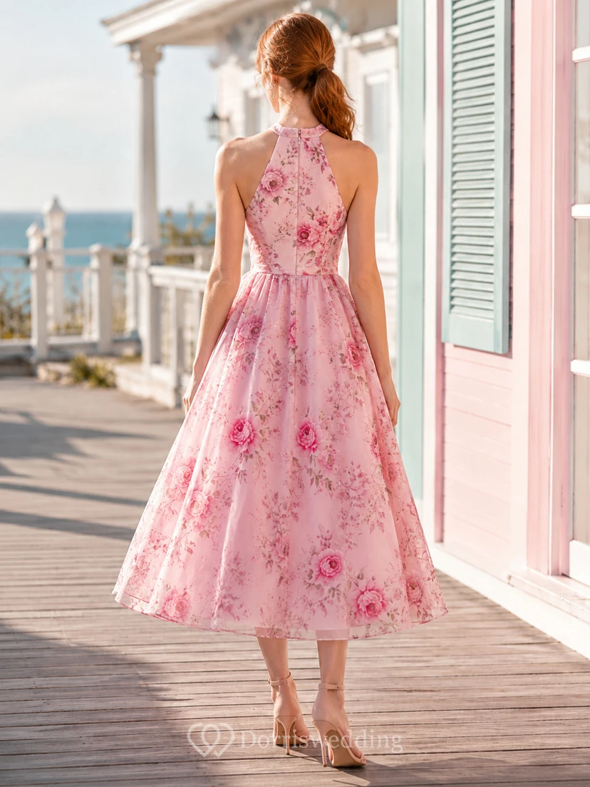 Pink Floral Halter Neck Tea Length Summer Dress view 2