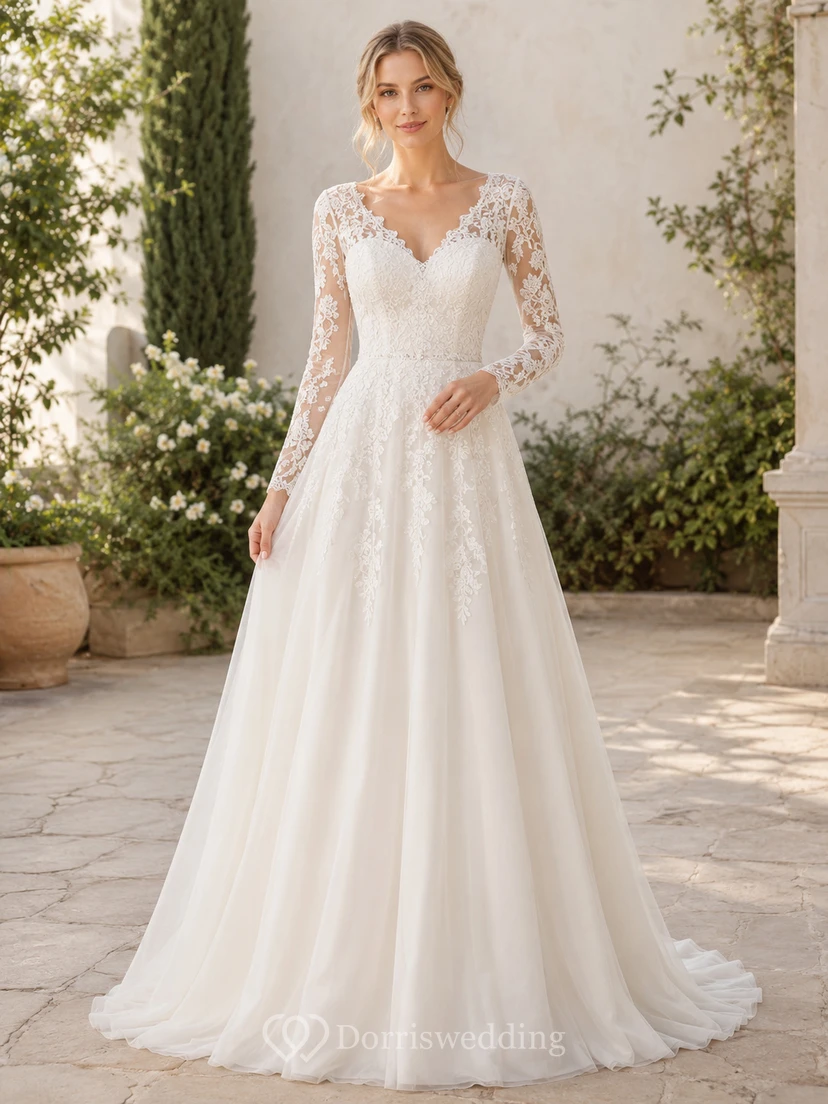 Lace Wedding Dress Mermaid V-Neck Long Sleeve Chapel Train Bridal Gown