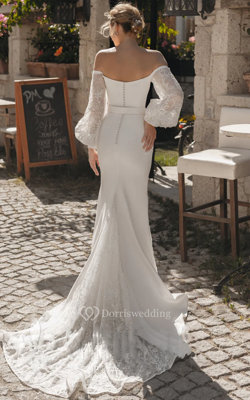Ethereal Satin Off-the-shoulder Long Sleeve Sash Wedding Dress With Button view 2