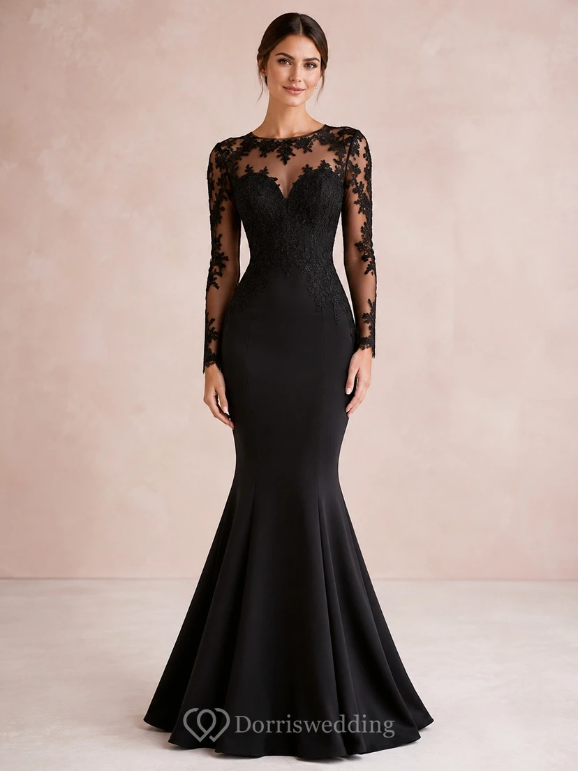 Vestido formal de lujo sexy con encaje negro, mangas largas y cola de sirena.