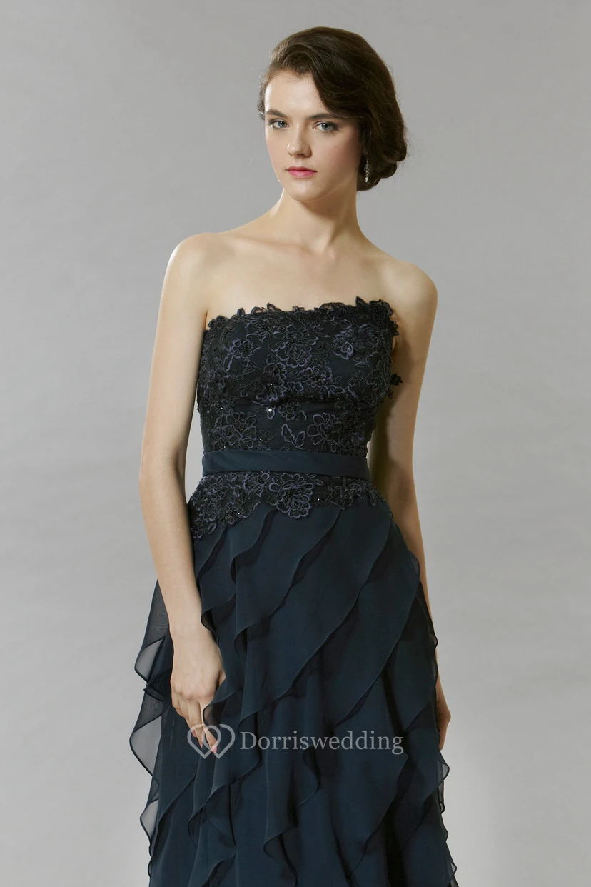 A-Line Strapless Floor-Length Sleeveless Lace Chiffon Prom Dress With Backless Style And Tiers view 3