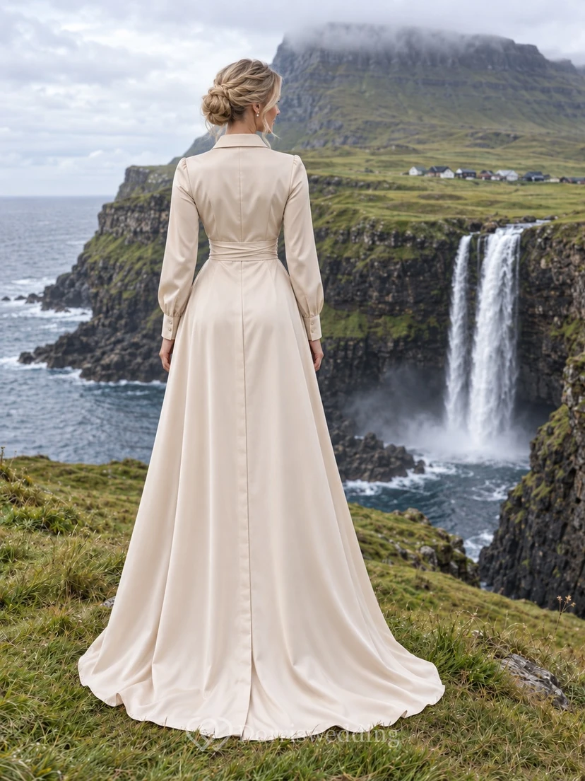 Vestido camisero de novia de satén color beige nude de manga larga con cinturón ajustable. view 2
