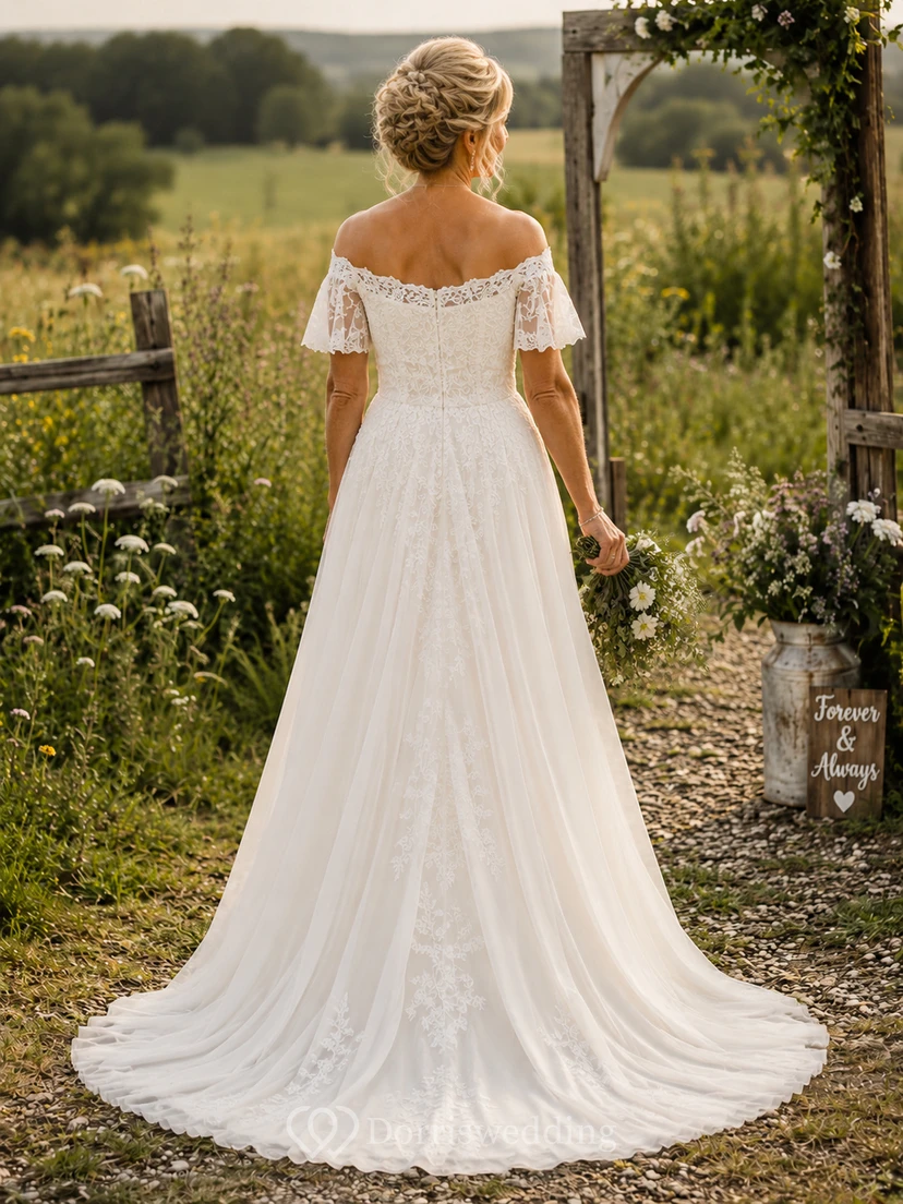 Robe de mariée trapèze en dentelle à épaules dénudées et manches papillon pour mariées plus âgées view 2