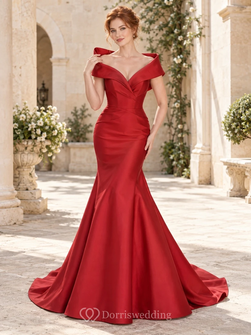 Vestido de novia de satén rojo, sin mangas, con escote de hombros descubiertos, cuello cruzado y cola de trompeta, largo hasta el suelo.